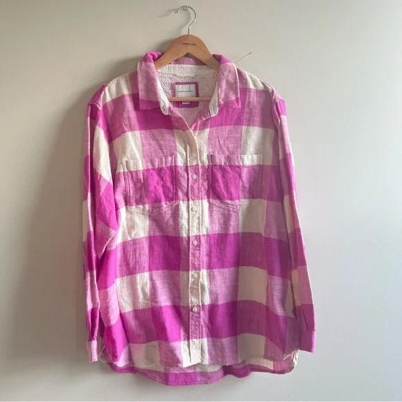 American Eagle Outfitters Pink Tan Plaid Flannel Button Up Shirt Large NWOT - Picture 1 of 9